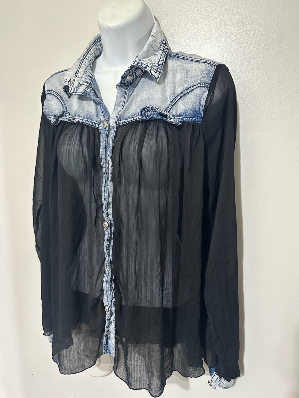 Nella Fantasia Denim & Sheer Black Blouse L – Button‑Down Boho Chic Top
